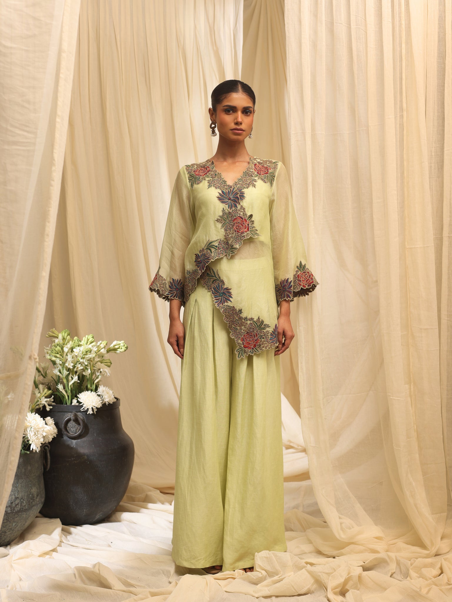 Floral Cascade Overlay jacket with pleated pant