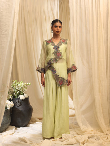 Floral Cascade Overlay jacket with pleated pant