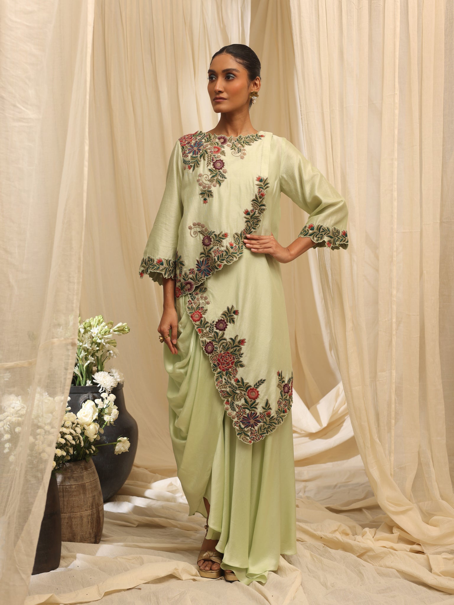 Geoflora Overlay jacket with drape skirt