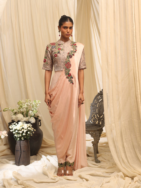 Hanging Rose Draped saree with Brocade Blouse