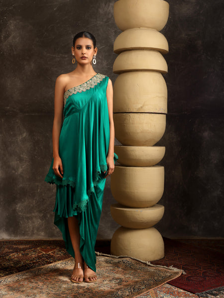 Gilded petal off-shoulder top with drape skirt
