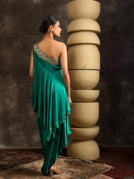 Gilded petal off-shoulder top with drape skirt