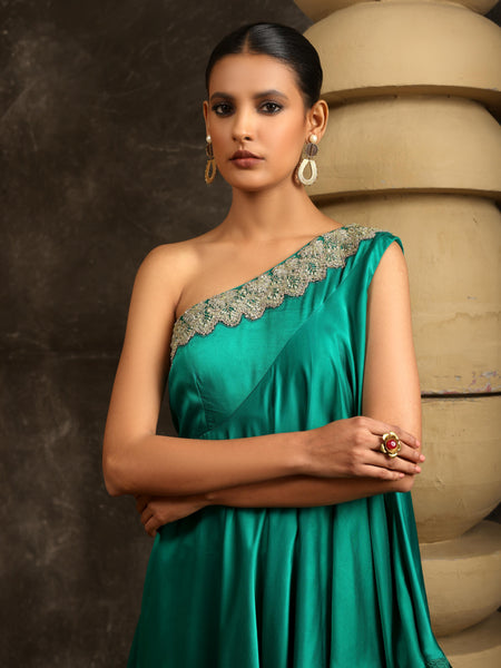 Gilded petal off-shoulder top with drape skirt